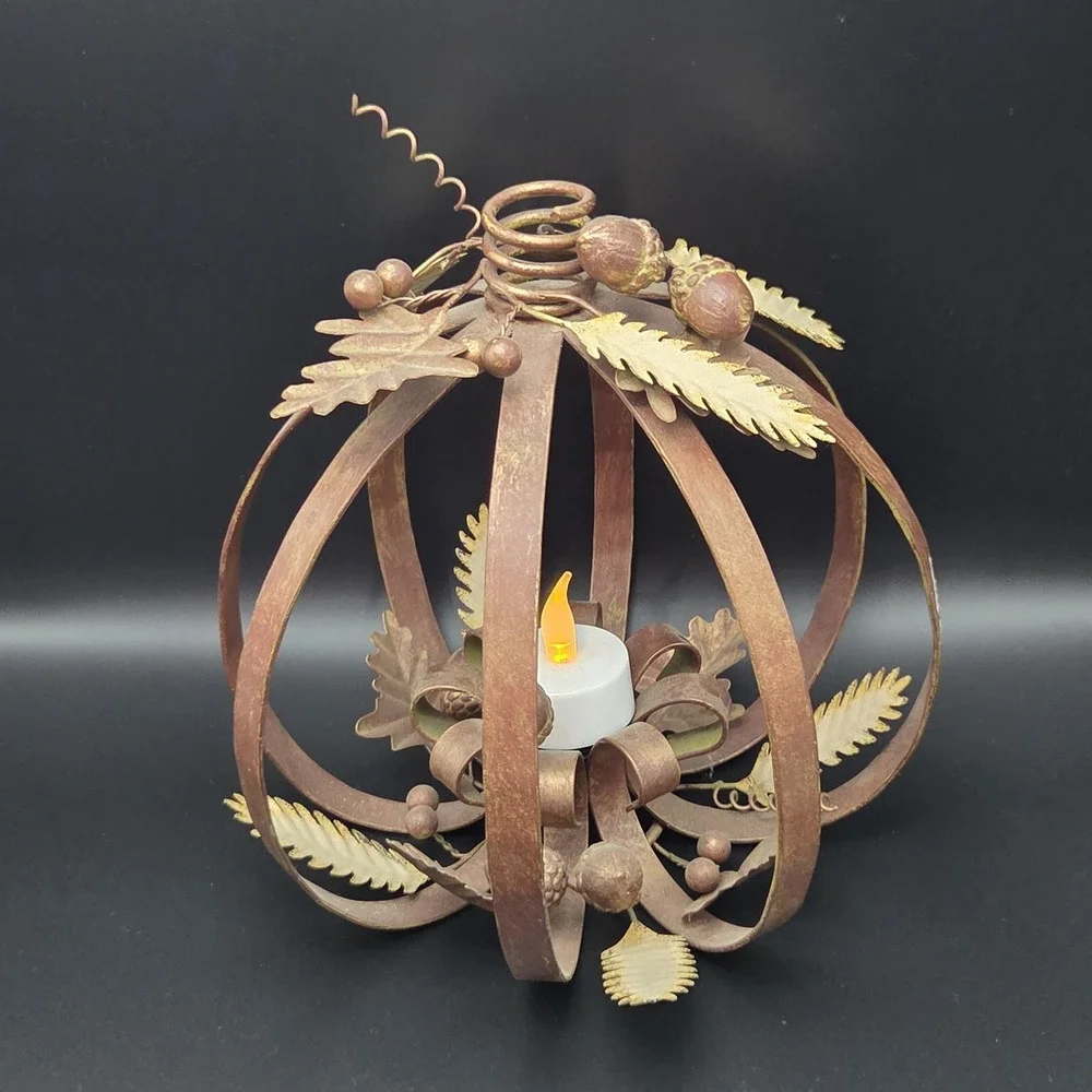 Vintage Metal Pumpkin Lantern Rustic Farmhouse Fall Decor for Thanksgiving Table